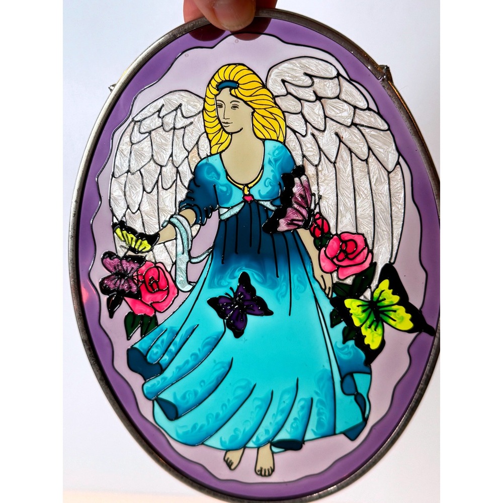 Angel Stained Glass Style Suncatcher Purple Oval Butterfly‎ Rose Design